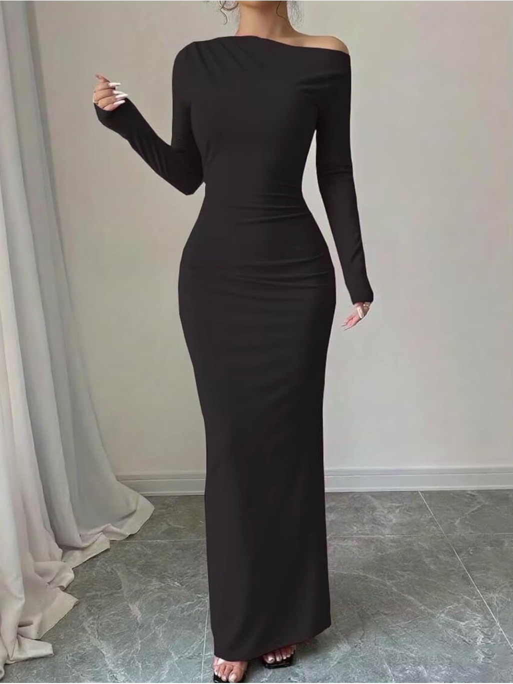 Elegant Black Off-Shoulder Long Sleeve Maxi Dress
